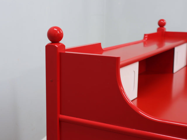 Italian writing desk Cortina series from late 1960s, featuring a distinctive minimal rustic design with clean lines and decorative rounded finials. Its generous proportions and well-conceived structure