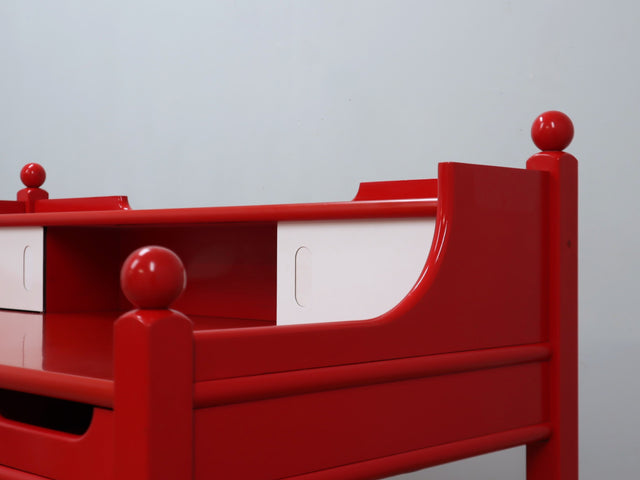 Italian writing desk Cortina series from late 1960s, featuring a distinctive minimal rustic design with clean lines and decorative rounded finials. Its generous proportions and well-conceived structure