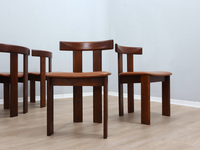 Set of 6 Luigi Vaghi solid wood and leather chairs, FORMER 1970s