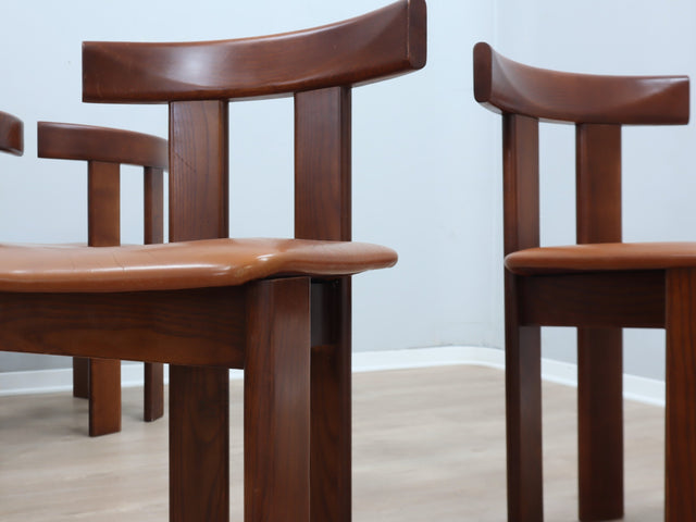 Set of 6 Luigi Vaghi solid wood and leather chairs, FORMER 1970s
