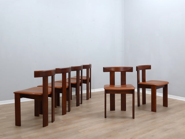 Set of 6 Luigi Vaghi solid wood and leather chairs, FORMER 1970s