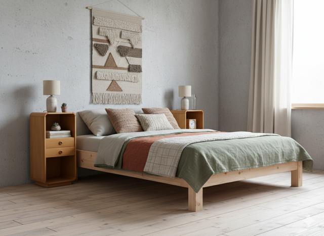 Pair of tall vintage birch wood bedside tables / entryway console 1970s