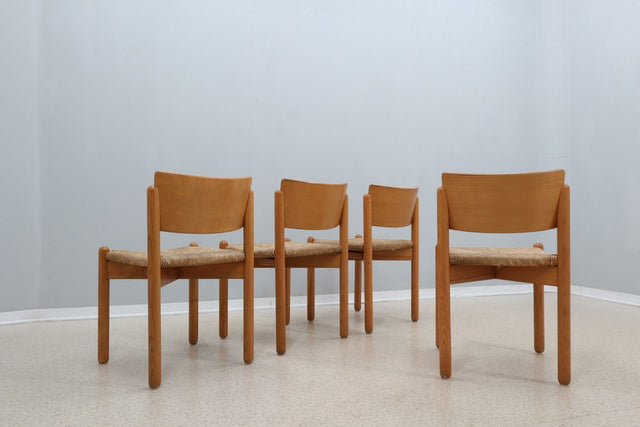 Vintage wooden dining chairs with straw seat 1970s