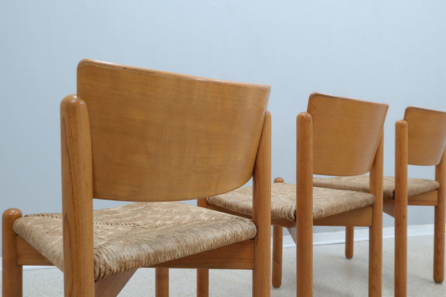 Vintage wooden dining chairs with straw seat 1970s