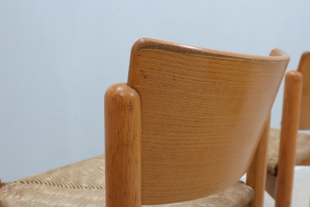 Vintage wooden dining chairs with straw seat 1970s
