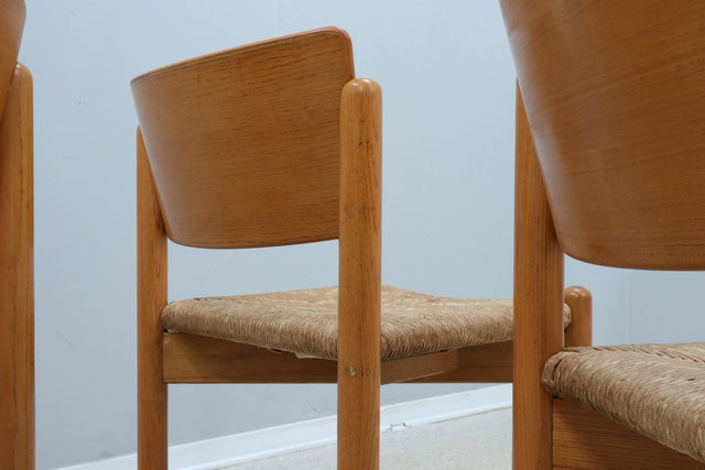 Vintage wooden dining chairs with straw seat 1970s