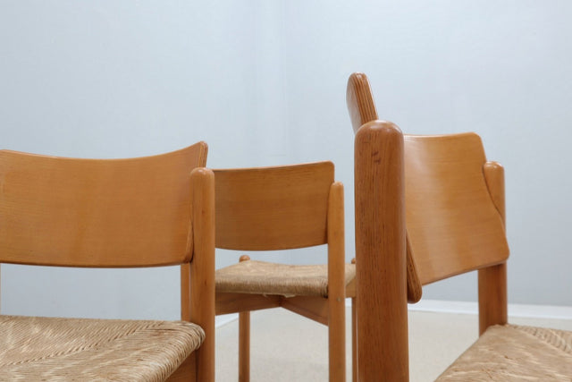 Vintage wooden dining chairs with straw seat 1970s