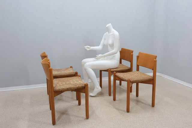 Vintage wooden dining chairs with straw seat 1970s