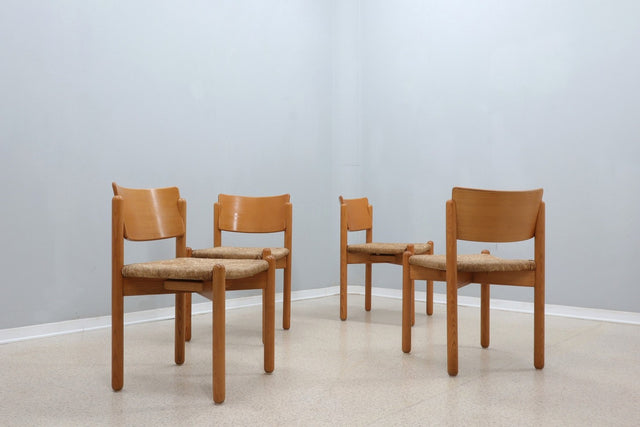 Vintage wooden dining chairs with straw seat 1970s