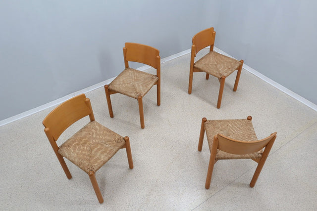 Vintage wooden dining chairs with straw seat 1970s