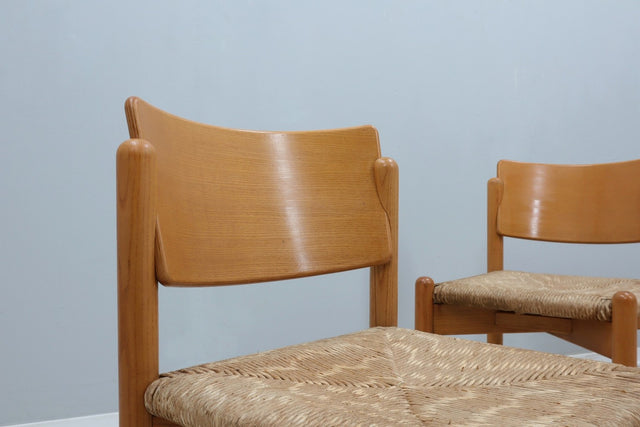 Vintage wooden dining chairs with straw seat 1970s