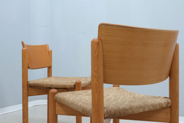 Vintage wooden dining chairs with straw seat 1970s