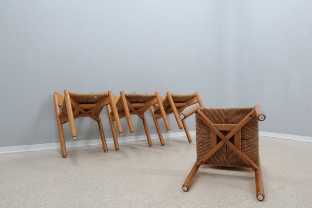 Vintage wooden dining chairs with straw seat 1970s