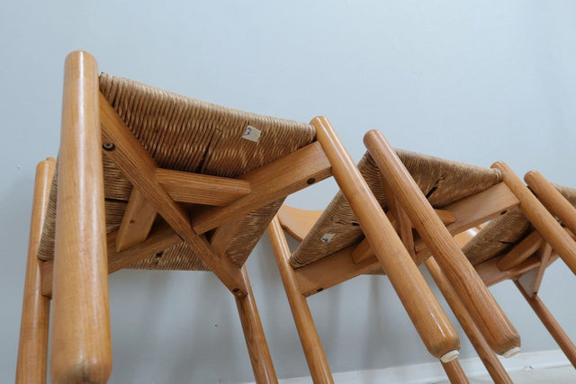 Vintage wooden dining chairs with straw seat 1970s