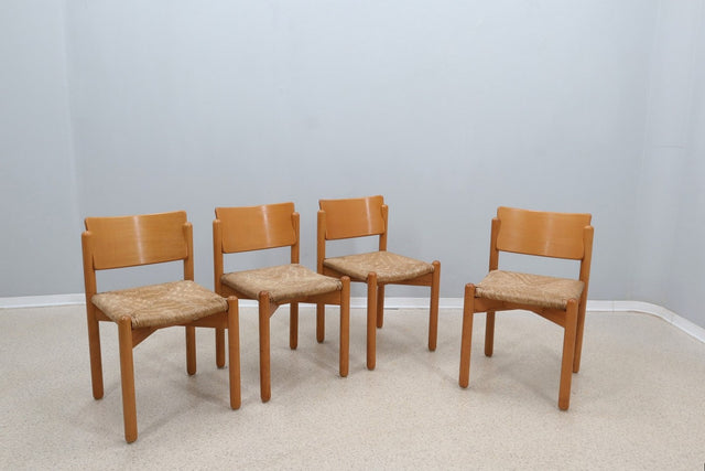 Vintage wooden dining chairs with straw seat 1970s