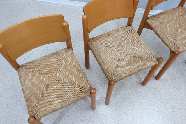 Vintage wooden dining chairs with straw seat 1970s