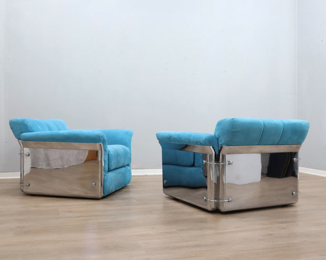 Larissa armchairs by Vittorio Introini for Saporiti in chrome & sky blue. Poltrone design anni 70, 70er Sessel, fauteuils vintage space age.