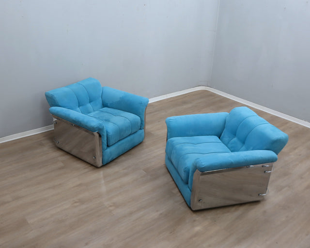 Larissa armchairs by Vittorio Introini for Saporiti in chrome & sky blue. Poltrone design anni 70, 70er Sessel, fauteuils vintage space age.