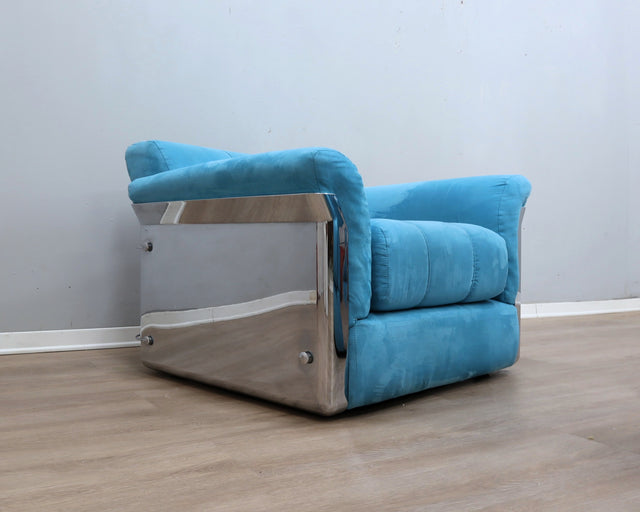 Larissa armchairs by Vittorio Introini for Saporiti in chrome & sky blue. Poltrone design anni 70, 70er Sessel, fauteuils vintage space age.
