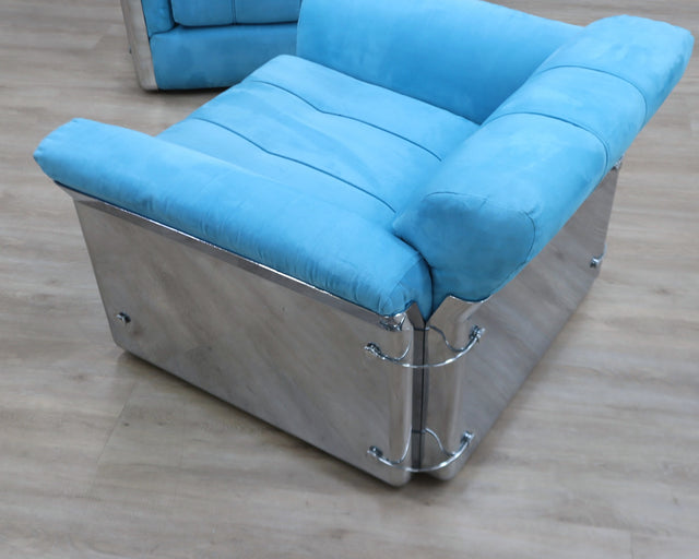 Larissa armchairs by Vittorio Introini for Saporiti in chrome & sky blue. Poltrone design anni 70, 70er Sessel, fauteuils vintage space age.