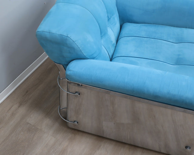 Larissa armchairs by Vittorio Introini for Saporiti in chrome & sky blue. Poltrone design anni 70, 70er Sessel, fauteuils vintage space age.