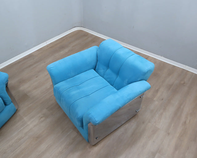 Larissa armchairs by Vittorio Introini for Saporiti in chrome & sky blue. Poltrone design anni 70, 70er Sessel, fauteuils vintage space age.