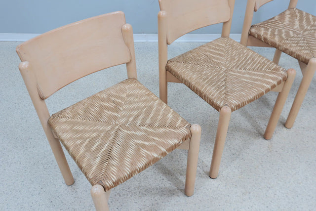 Vintage rustic dining chairs with straw seat 1970s