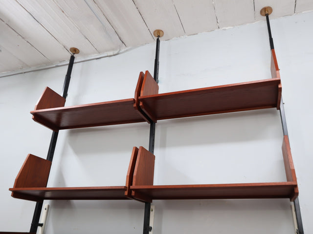 Mid-Century Italian modular wall unit with folding desk 1950s. The modular elements, crafted in teak veneer, include open shelves
