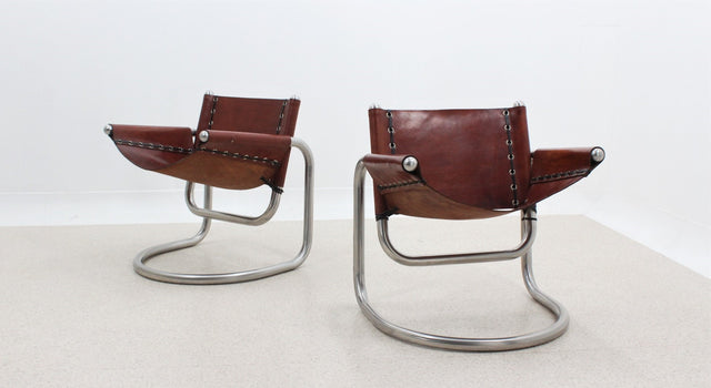 Italian design cow leather cantilever lounge chairs 1970s