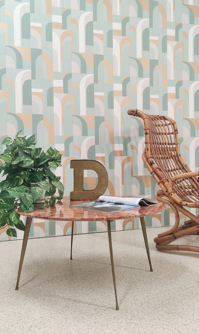 Vintage pink marble round coffee table 1950s