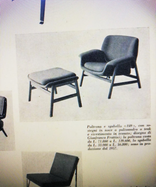 Poltrone 849 Gianfranco Frattini Cassina Meda anni '50. Italian Mid-Century Modern design con bouclé verde oliva. Fauteuils bouclé vert olive e Sillones 849 Gianfranco Frattini