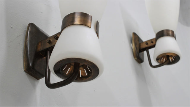 Mid-century brass and glass sconces by STILNOVO