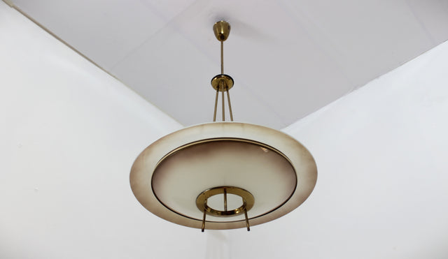 Mid century brass glass pendant chandelier 1950s