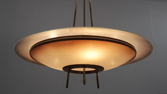 Mid century brass glass pendant chandelier 1950s