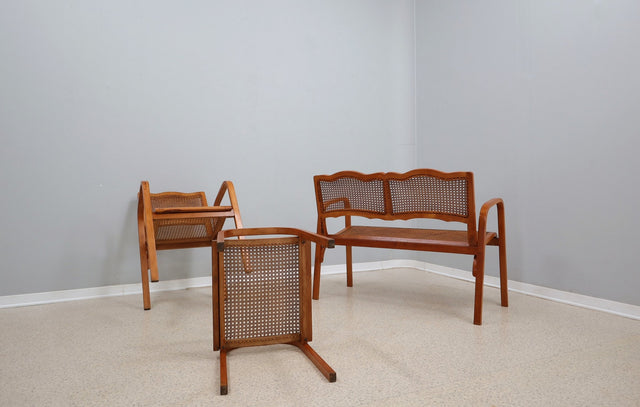 Mid century Vienna straw set 1940s, bench + armchair