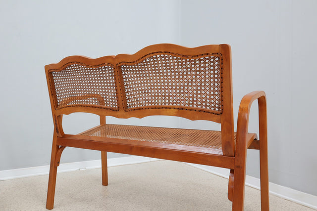 Mid century Vienna straw set 1940s, bench + armchair