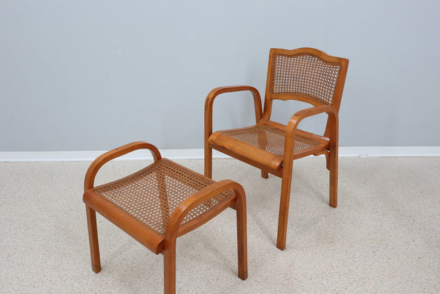Mid century Vienna straw set 1940s, bench + armchair