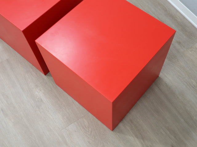 Original set of three cubic fiberglass stools/side tables, crafted in Italy during the 1960s. Their versatility allows them to function seamlessly as extra seating, occasional tables, or modular elements 