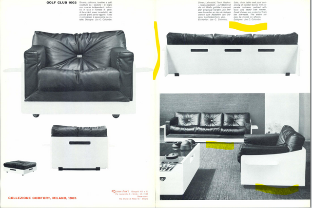 1965 Joe Colombo for Comfort "Golf Club 1002" black leather and white lacquered wood lounge armchair. Fauteuil en cuir noir et bois laqué blanc vintage