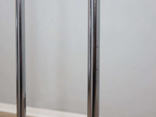 Vintage 1970s Lamperti floor lamp, Italian Space Age design. Chrome metal standing lamp featuring three tubular columns 