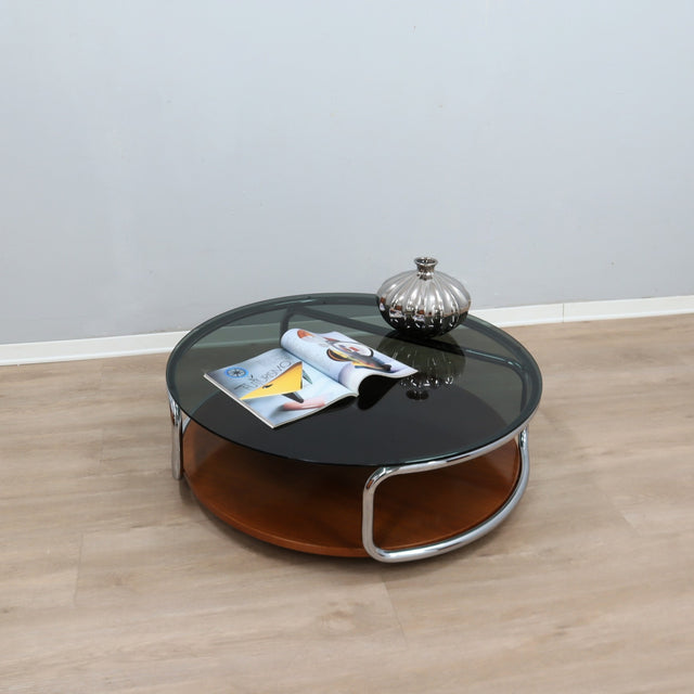 Large 1970s Italian round coffee table chrome teak smoked glass. Table basse ronde chrome teck verre fumé. Runder Couchtisch Chrom Teak.