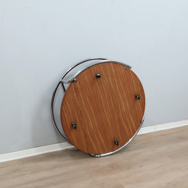 Large 1970s Italian round coffee table chrome teak smoked glass. Table basse ronde chrome teck verre fumé. Runder Couchtisch Chrom Teak.