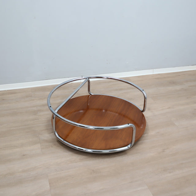 Large 1970s Italian round coffee table chrome teak smoked glass. Table basse ronde chrome teck verre fumé. Runder Couchtisch Chrom Teak.