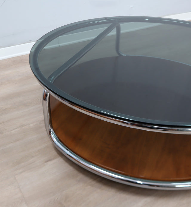 Large 1970s Italian round coffee table chrome teak smoked glass. Table basse ronde chrome teck verre fumé. Runder Couchtisch Chrom Teak.