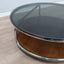Large 1970s Italian round coffee table chrome teak smoked glass. Table basse ronde chrome teck verre fumé. Runder Couchtisch Chrom Teak.