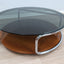 Large 1970s Italian round coffee table chrome teak smoked glass. Table basse ronde chrome teck verre fumé. Runder Couchtisch Chrom Teak.