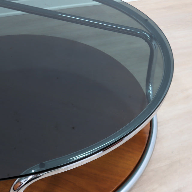 Large 1970s Italian round coffee table chrome teak smoked glass. Table basse ronde chrome teck verre fumé. Runder Couchtisch Chrom Teak.