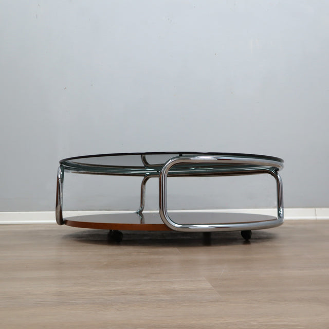 Large 1970s Italian round coffee table chrome teak smoked glass. Table basse ronde chrome teck verre fumé. Runder Couchtisch Chrom Teak.