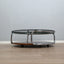 Large 1970s Italian round coffee table chrome teak smoked glass. Table basse ronde chrome teck verre fumé. Runder Couchtisch Chrom Teak.