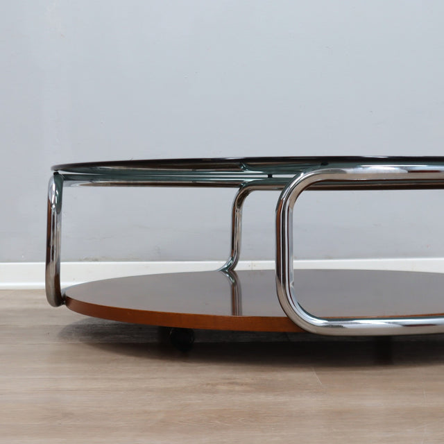 Large 1970s Italian round coffee table chrome teak smoked glass. Table basse ronde chrome teck verre fumé. Runder Couchtisch Chrom Teak.